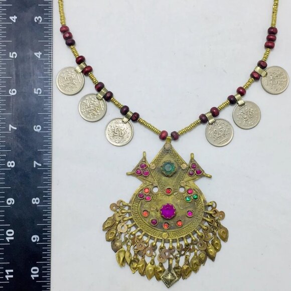 Vintage Coins Pendant Necklace, Metal And Wooden Beaded Chain Necklace - Picture 9 of 12